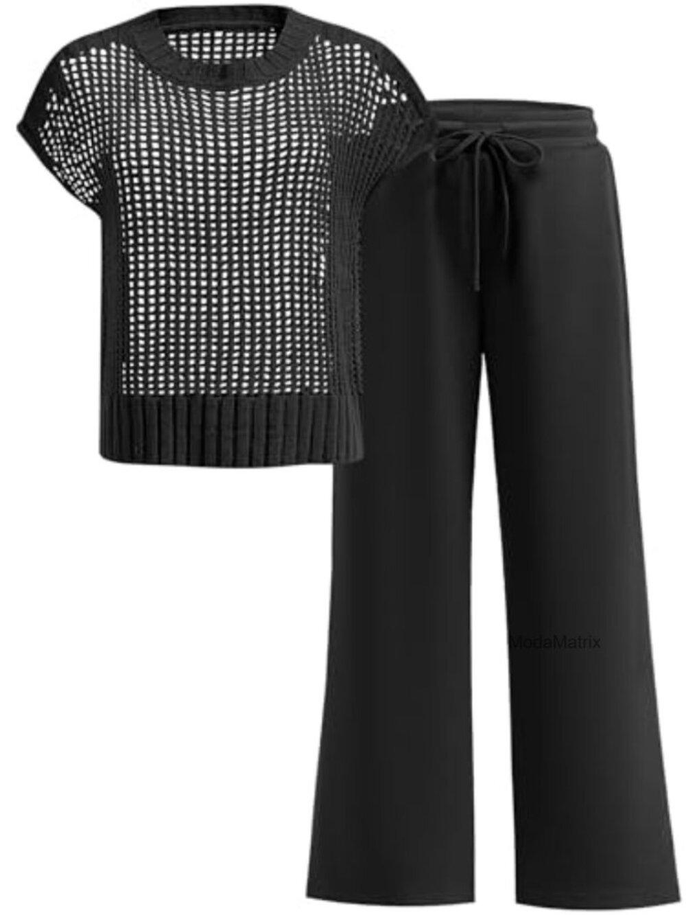 Women Two Piece Crochet Sheer Knit Lounge Set Wide Leg Pants Sweatsuit